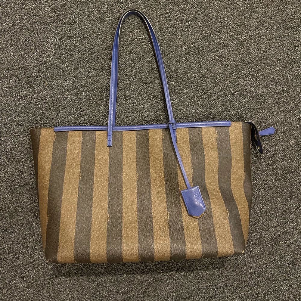 EUC Fend blue leather pequin stripe tote bag